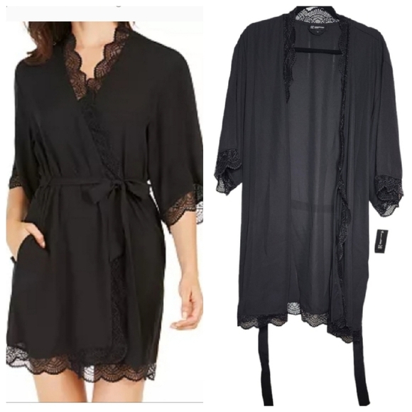 NWT INC INTERNATIONAL CONCEPTS Black Lace Trim Short Robe - Picture 1 of 14